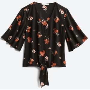 Lush Floral Black Tie-Front Blouse Top SIZE SMALL